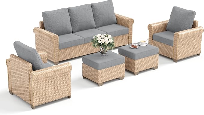 Patio Furniture Set 5 pcs, Wicker Rattan Outdoor Furniture with 5.5” Thick Cushions, 3-Seat Sofa, 2 Chairs and 2 Ottomans, Outdoor Conversation Set for Garden Backyard Deck, 7 Seats Grey
