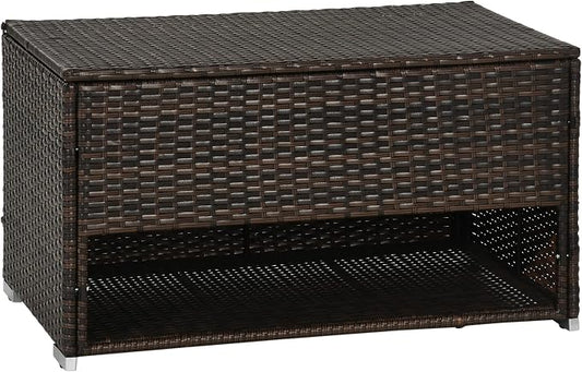 Outdoor Deck Box Shoe Storage, PE Rattan Wicker Towel Rack with Liner for Indoor, Outdoor, Patio Furniture Cushions, Pool, Toys, Garden Tools, Brown