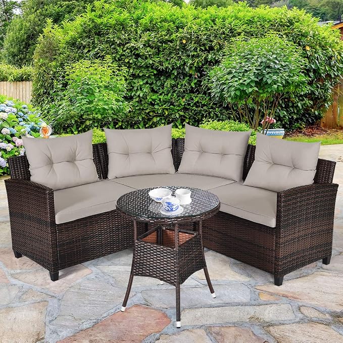 Tangkula 4-Piece C Shape Patio Furniture Set, Outdoor Corner Wicker Rattan Sectional Cushioned Sofa Set, with Glass Coffee Table, for Garden Poolside Balcony (Beige)