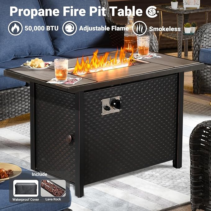 ovios 7 Pieces Patio Furniture Set with 42 inch Fire Pit Table, Outdoor Wicker Sofa Couch Swivel Rocking Glider Chairs, Modern Luxury Conversation Set, Grey Rattan, Denim Blue