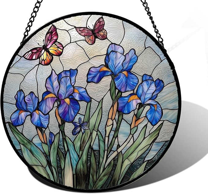 DASTOLL Stained Glass Window Hanging, Blue Iris Flowers Butterfly Suncatcher Diamond Colorful Glass Panel Sun Catchers Decor for Birthday for Women, Men, Wife, Aunt, and Mom 15x15 in