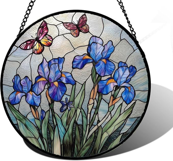 DASTOLL Stained Glass Window Hanging, Blue Iris Flowers Butterfly Suncatcher Diamond Colorful Glass Panel Sun Catchers Decor for Birthday for Women, Men, Wife, Aunt, and Mom 9.8 in