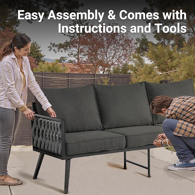 Weaxty Modern Patio Furniture Set 6 Piece, Rope Outdoor Patio Conversation Sets Sectional Sofa Swivel Chairs Table Ottoman, All Weather Metal Balcony Furniture for Backyard Garden, Black