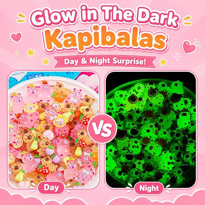 100 PCS Mystery Bag Mini Resin Capybara Blind Bags, Cute Glow in The Dark & Regular Capybara Figurines Surprise Box Toys for Kids, Tiny Collectible Party Favors, Cake Toppers, Phone Case Charms