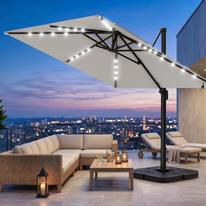 AreShark 10×10FT Solar LED Cantilever Umbrella with Base Included, Double-Top Outdoor Patio Offset with 360 Degree Rotation, Round Offset Hanging Umbrella for Garden Deck Pool, Light Grey