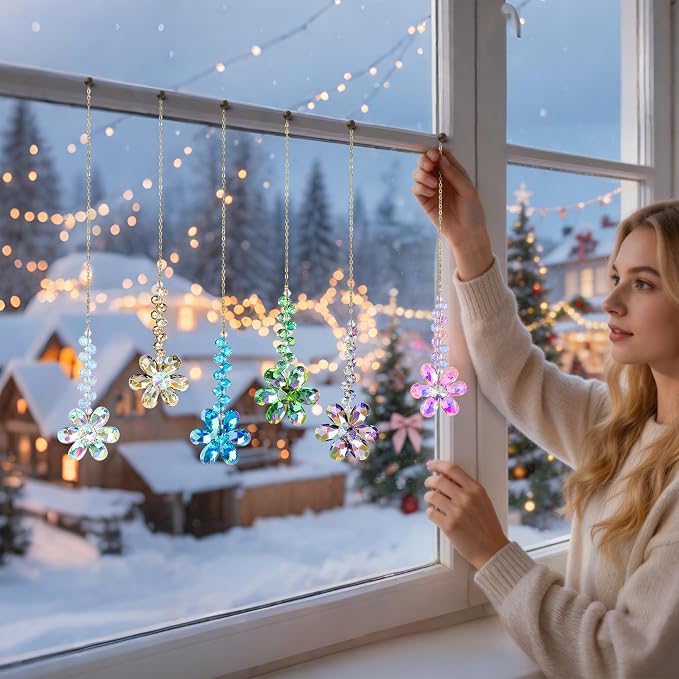 6pcs Crystal Flower Suncatchers Hanging Ornaments, Rainbow Maker Sun Catchers Indoor Window Outdoor Patio Garden Decor Gifts