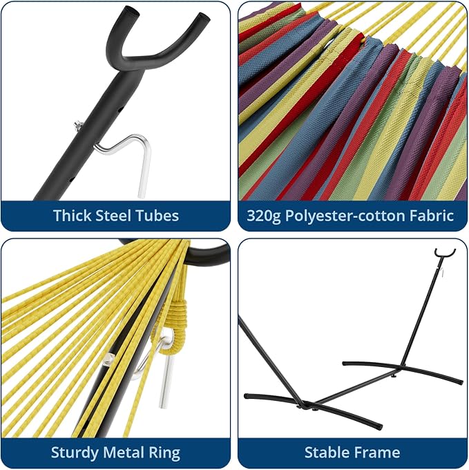 Double Hammock with Space-Saving Steel Stand - 2 Person Portable Heavy Duty Hammock with Carrying Bag for Outdoors & Indoors, Easy Assembly, 350 lbs Capacity, Yellow Rainbow Stripes