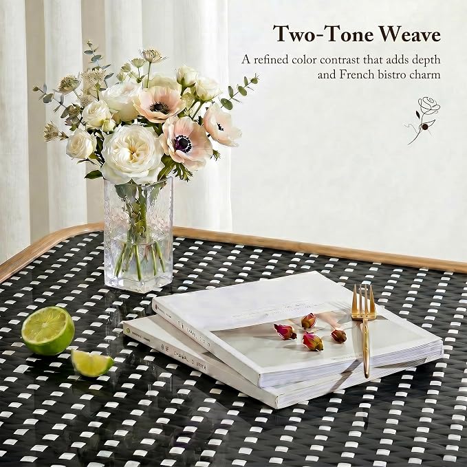 PURPLE LEAF 7-Piece French Bistro Dining Set Rectangle Outdoor Patio Table and 6 Armless Chairs Tempered Glass Top PE Rattan Champagne Print Finish Aluminum Frame Black