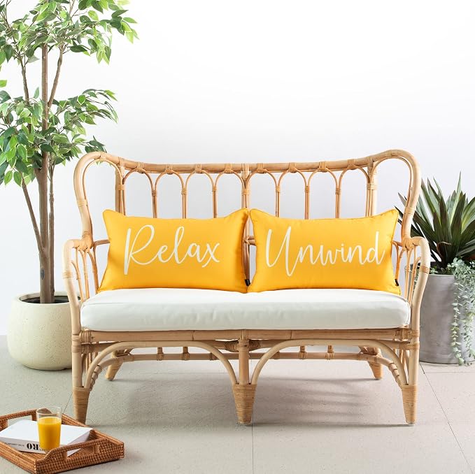 Hofdeco Porch Patio Indoor Outdoor Lumbar Pillow Cover ONLY for Backyard, Couch, Sofa, Yelllow Relax Unwind, 12"x20", Set of 2