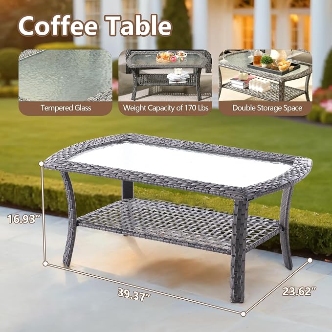 6 PCS Outdoor Patio Furniture Set with Glass Table, All-Weather Rattan Wicker Outdoor Conversation Set with Thickened Cushions for Balcony Backyard Garden Lawn,Beige