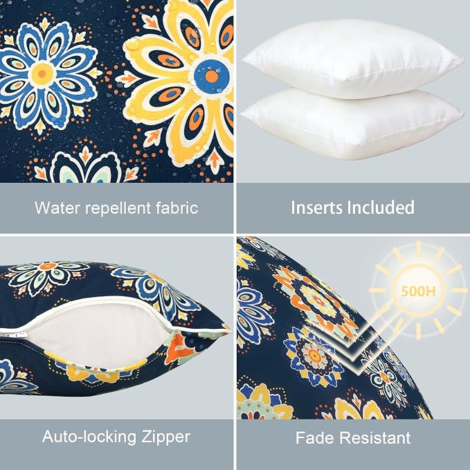 LVTXIII Outdoor Throw Pillows 18x18 Patio Waterproof Square Pillows with Piping Fade Resistant Accent Pillow for Spring Summer Garden Decoration, Set of 2, Bloom Medallion‌ Cobalt