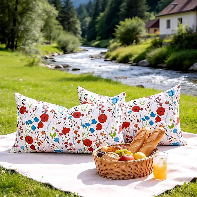 Outdoor Floral Lumbar Pillow Covers Decorative Summer Waterproof Throw Pillow Covers Red Garden Cushion Sham Throw Pillowcase 12x20 Inch Set of 2 Outside Decor for Sofa Furniture Patio Garden Tent