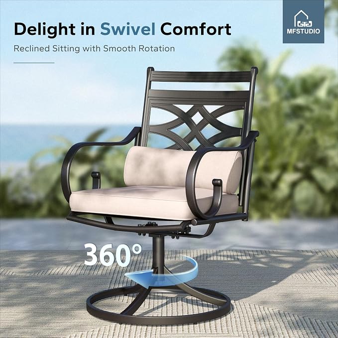 MFSTUDIO 7-Piece Patio Dining Set, 61.5" Metal Table, Swivel Chairs | Umbrella Hole, Seats 6, All-Weather Use