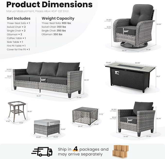 ovios 10 Pieces Patio Furniture Set, Outdoor Wicker Sofa Couch with Swivel Glider Chairs Solar Light Table Fire Pit, Modern Deep Seat Rattan Conversation Sets, Black