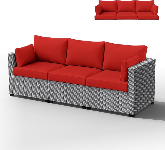 Outdoor Furniture Replacement Cushions, Waterproof Patio Furniture Cushions, 4" Deep Seat Outdoor Sectional Cushion for 3-Seat Outdoors Rattan Sofa Patio Sofa Cushion, Red