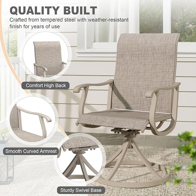 VICLLAX Patio 5 Pieces Outdoor Dining Set, 40.6" Round Metal Table with Umbrella Hole and Storage Shelf, 4 Swivel Textilene Chairs for Lawn, Garden, Porch, Sandshell