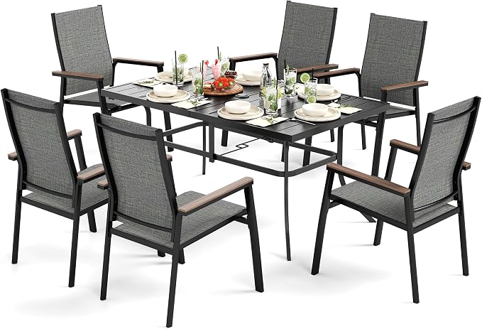 Sophia & William Outdoor Dining Set 7 Pieces, 6 x Aluminum Stackable Chair for Space-Saving and 59" x 35" Patio Dining Table, Easy to Move for Outdoor Garden Lawn (Grey)