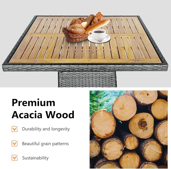 RoyalCraft 5 Piece Patio Wicker Dining Sets for 4, Water-Resistant Rattan Outdoor Dining Table and 4 Chairs with Wood Table Top, Conversation Set for Deck, Garden, Backyard, Removable Cushions, Gray