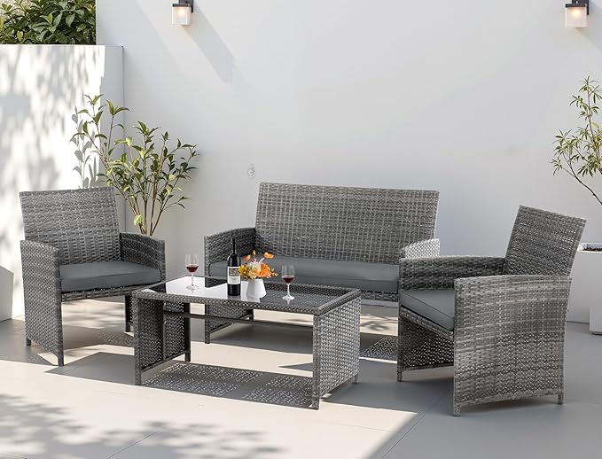 4 Piece Patio Ratten Set Outdoor Furniture Set Wicker Conversation Set with Cushions and Tempered Glass Tabletop,Grey