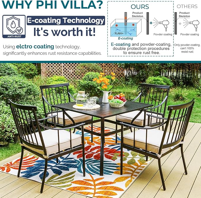 PHI VILLA 5-Piece Patio Dining Set, 37" Square Metal Table, Fixed Chairs | Cushions Chairs, 10ft Umbrella Included, Beige, All-Weather Use
