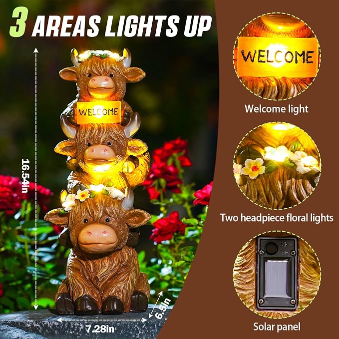 twinbling 16 in Large Solar Garden Highland Cow Statue | Big Garden Sculptures with Flower Decoration Birthday Gifts for Women Mom Yard Decor for Garden Patio Lawn Ornaments