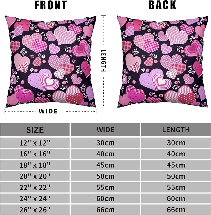 Valentines Pillow Covers 24x24 Pack of 2 Pink Purple Hearts Flowers Throw Pillow Covers Valentines Day Pink and Black Cushion Case Cotton Linen Pillowcase for Couch Sofa Patio