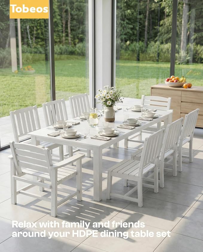 5-Piece Outdoor Dining Set with Aluminum Frame for 4,White | HDPE material, 2" umbrella hole, patio table and chairs, ideal for yard, lawn, garden, balcony, deck, poolside