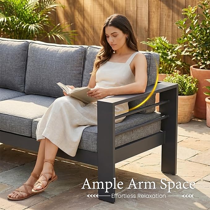 LayinSun Aluminum Furniture Set with Fire Pit Table, 4 Pieces Patio Sectional Conversation Chat Sofa Modern Seating Set
