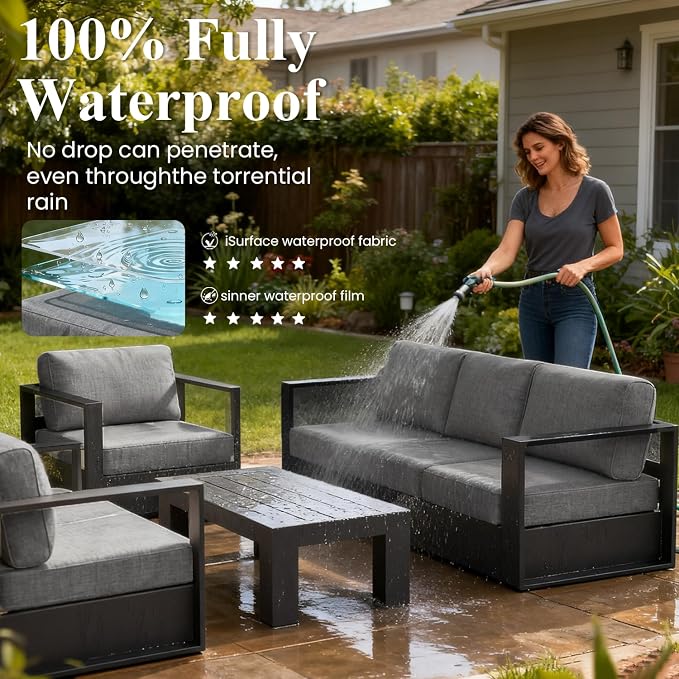 LayinSun Oversized Aluminum Outdoor Furniture Set, 5 Piece Patio Sofa Sets with Fire Pit Table, Deep Seating and Upgraded 6-inch Cushions for Porch, Balcony, Deck