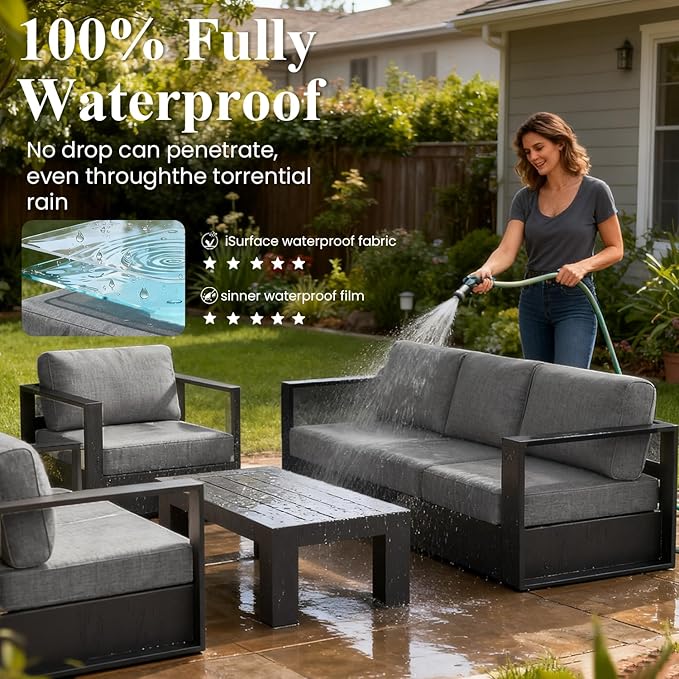 LayinSun Oversized Aluminum Outdoor Furniture Set, 4 Piece Patio Sofa Sets with Coffee Table, Deep Seating and Upgraded 6-inch Cushions for Porch, Balcony, Deck