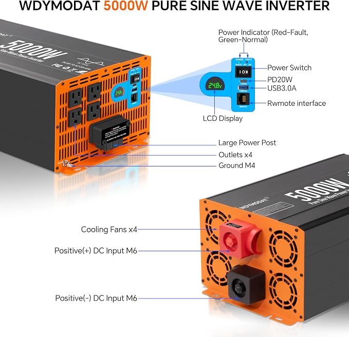 5000W Pure Sine Wave Inverter,24V DC to 120V AC Car Power Inverter 10000W Peak with 4 AC Outlets, 3.0A USB and Type-C, LCD Display 16.5 ft Remote Control for RV Truck Travel Solar Emergency