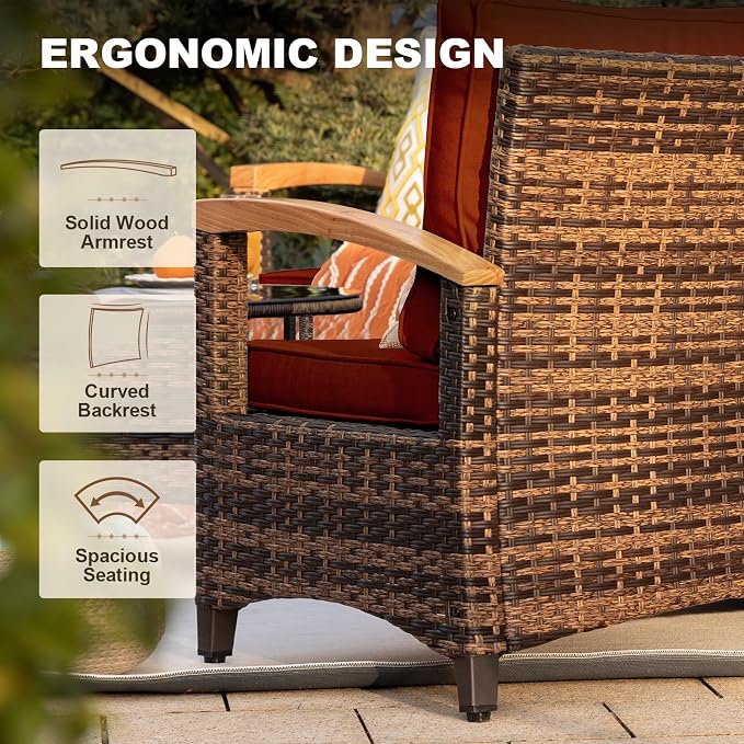 MEISSALIVVE 11-Piece Half-Moon Curved Outdoor Patio Furniture Set, Sectional Conversation Sofa with Wood Armrests, Coffee & Side Tables for Backyard Deck Garden, Red