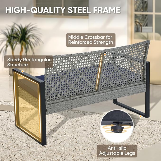 COOS BAY Haven Lounge 4 Piece Rattan Patio Furniture Set, Outdoor Wicker Patio Conversation Set for Balcony & Backyard, Light Gray/Blue