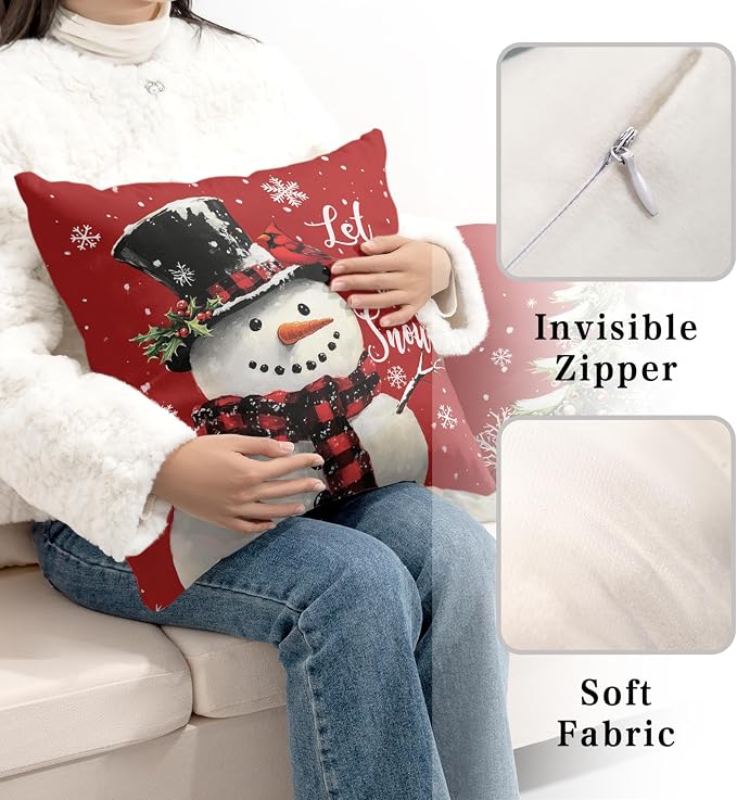 Red Christmas Pillow Covers Snowman Throw Pillow Covers Xmas Tree Pillow Case 22x22 Winter Snowflakes Cotton Blend Cushion Case for Holiday Decor Couch Sofa 2 Pack