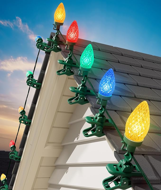 C9 Christmas Lights Outdoor, 102FT 150 LED String Lights with Spring Clips | Waterproof Connectable Commercial Grade Christmas Tree Lights for Outside Roofline Patio Yard Home Xmas Decor, Multicolor