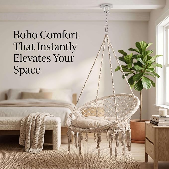 Indoor Hammock Chair, Patio Hammock Chair, 330 LBS Boho Hanging Swing, Foldable Hammock Chair for Living Room Bedroom Balcony Porch Garden Relax Use