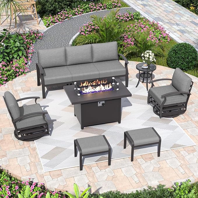7 seat Patio Sectional Sofas Grey Aluminum Patio Furniture Set Metal Outdoor Furniture with Propane Fire Pit Table Swivel Chairs Ottomans for Porch Backyard Poolside