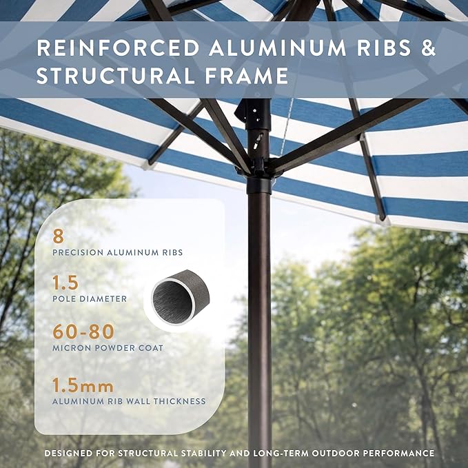 California Umbrella 12-Year Protection 9-Ft Outdoor Patio Umbrella, Sunbrella Fade-Resistant Fabric, Auto-Tilt, Heavy Duty Aluminum Frame, 8 Reinforced Ribs for Pool or Deck, Bronze Pole, Cabana Regatta