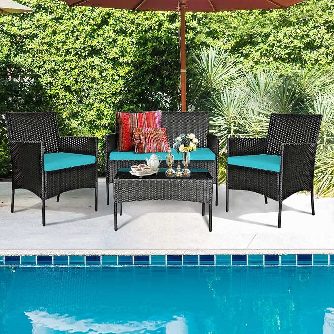 HAPPYGRILL 8-Piece Patio Furniture Set Rattan Wicker Conversation Set with Tempered Glass Top Table, Outdoor Wicker Sofa Set with Removable Cushions for Poolside Garden Backyard