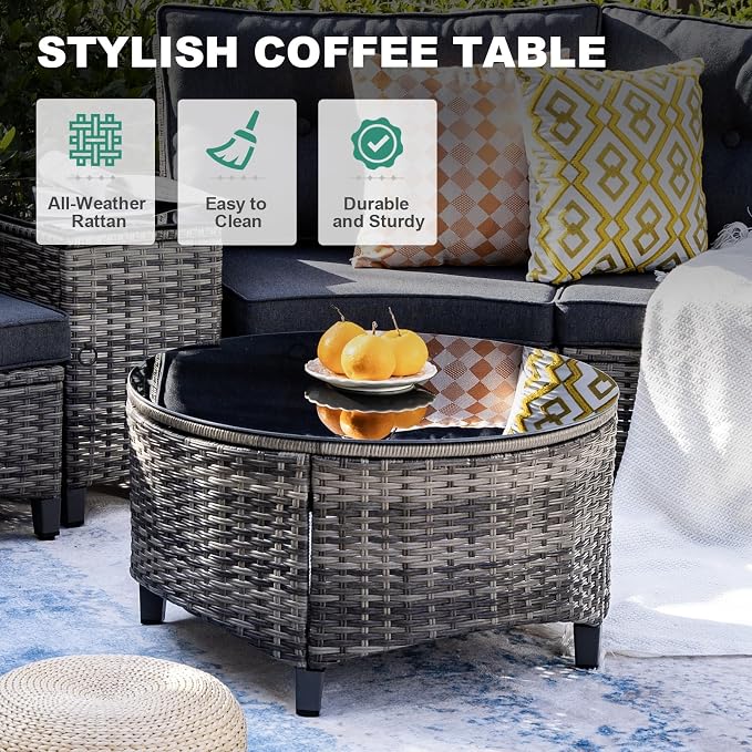MEISSALIVVE 8 Piece Outdoor Patio Furniture Set, Half-Moon Curved Sectional Set with Wood Armrests, Patio Conversation Set for Porch,Deck,Balcony (Grey)