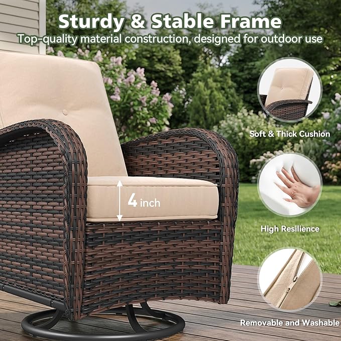 Aoxun 14 Piece Outdoor Patio Furniture Set with 44'' Fire Pit Table, Wicker Rattan Outdoor Furniture with High Back Swivel Rocker Chairs, Outdoor Conversation Set with Thick Cushion, Beige