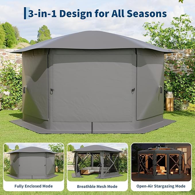 GarveeLife 13x13FT 6-Sided Pop Up Gazebo Tent，One-Push Setup Canopy Tent with Removable Canopy Top & Wind Cloths, Outdoor shelter for Camping, Backyard Parties, Outdoor Events - Grey