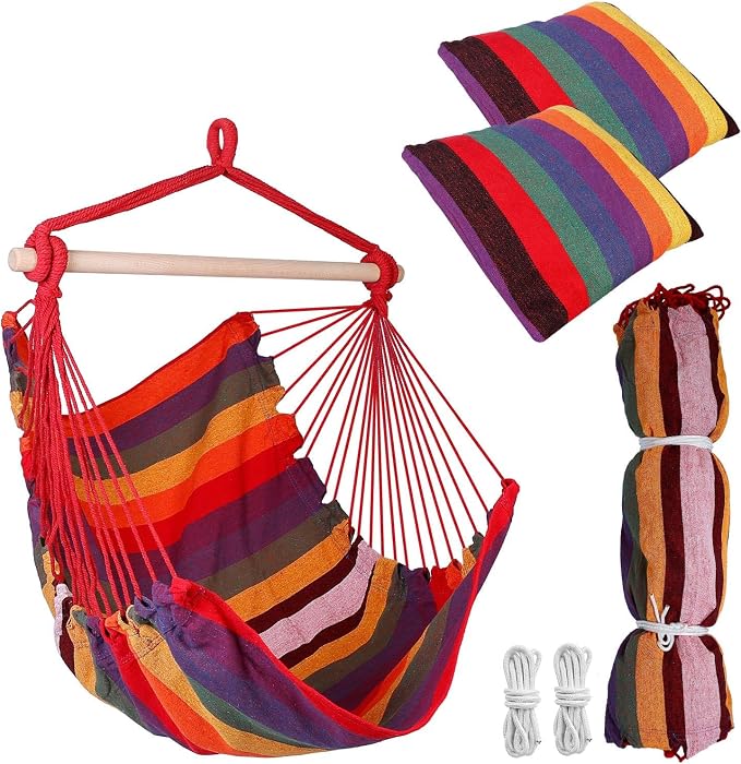 Hammock Chair Hanging Rope Swing - 2 Cushions Pillows Included - Portable Large Macrame Hanging Chair with Pocket - Camping Rope Seat