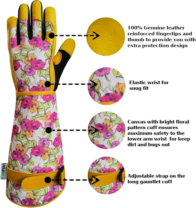 Thornproof Rose&Cactus Gardening Gloves,Gauntlet Garden Glove,Gifts | Canvas,Cute Floral Pattern,Leather Palm,Touchscreen,Durable Material,Garden Gift,Men&Women,Machine Washable,Adjustable Cuff