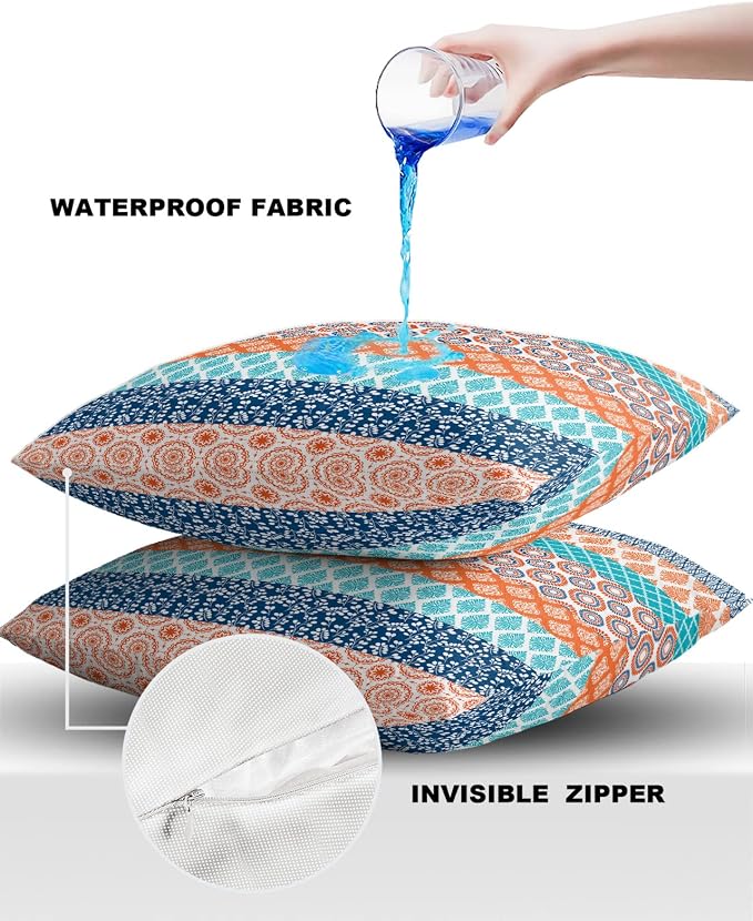 Outdoor Waterproof Pillow Covers Set of 2, Boho Geometric Floral Stripe Ethnic Turquoise Orange Blue Patio Throw Pillow Covers, Decorative Cushion Case for Couch Sofa Furniture Garden, 18x18 Inch