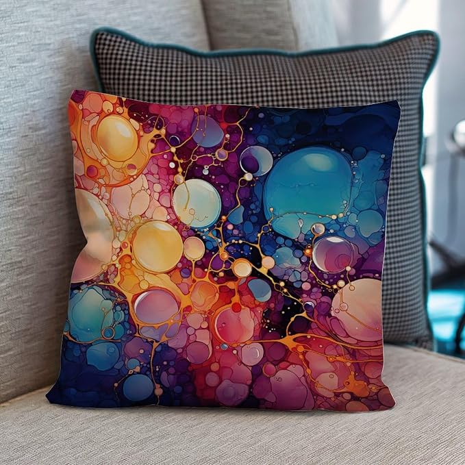 Ink Rainbow Shapes with Gold Pillow Cover Abstract Alcohol Ink Textures Pillowcase 26x26 INModern Accent Decorative Cushion Covers Home Decor for Bedroom Sofa Bench Porch