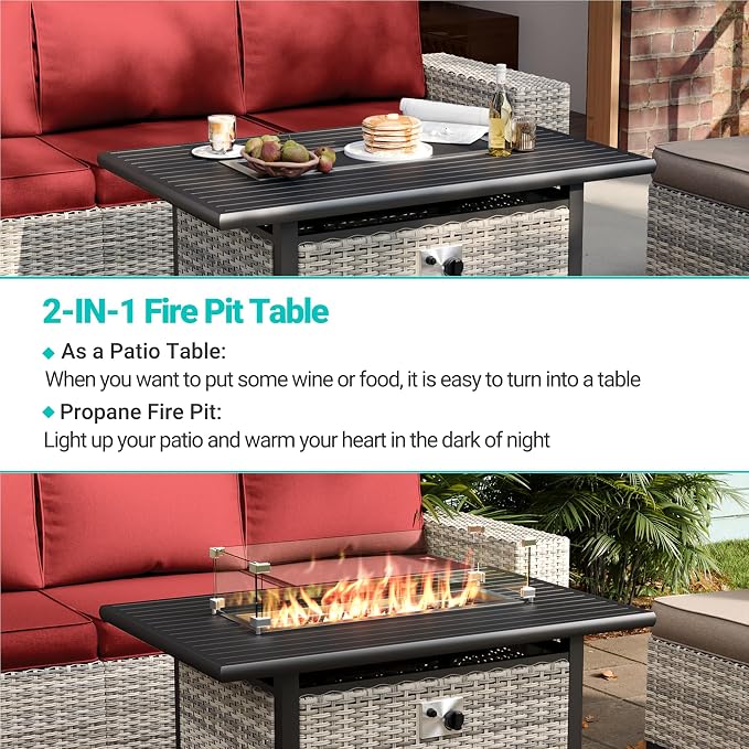 10Pcs Patio Rocking Swivel Chair with 55,000 BTU Fire Pit Table Outdoor Wicker Rattan Bistro Set with Tempered Glass Side Table, Outdoor Patio Furniture Set for Garden and Balcony, Red