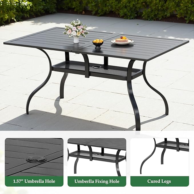 Crownland 7 Piece Outdoor Patio Metal Dining Sets, 6 Stackable Metal Chairs and Rectangular Outdoor Dining Table with 1.57" Umbrella Hole, for Backyard, Lawn, Garden (Classic Black)