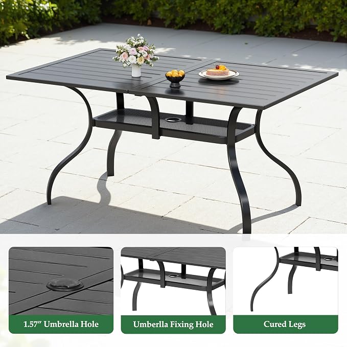 Oakcloud 7-Piece Patio Dining Set, Outdoor Metal Furniture Dining Table Set 6 Stackable Patio Dining Chairs and Rectangle Dining Table with Umbrella Hole, Black