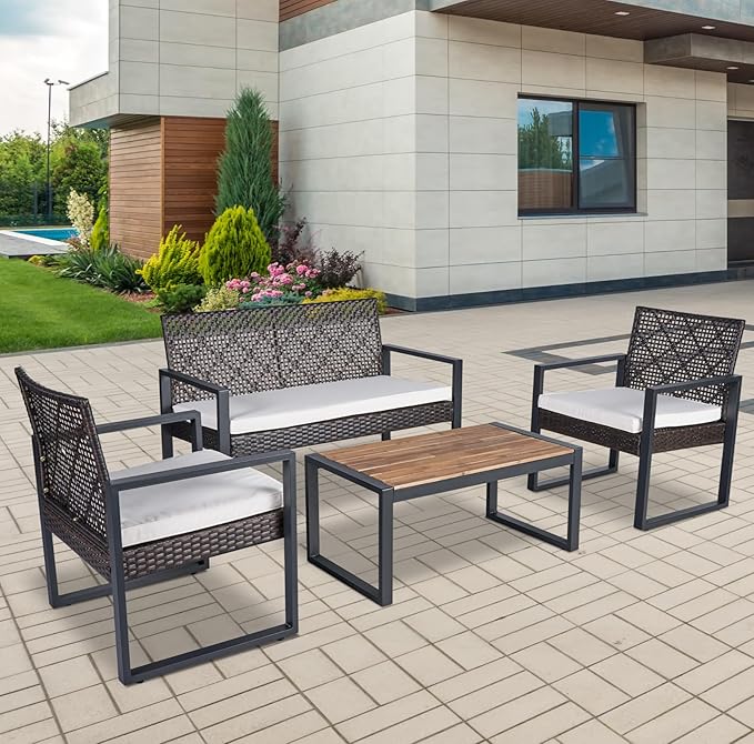 LUMISOL 4-Piece Outdoor Wicker Patio Conversation Furniture Set for Backyard, Wicker Conversation Set Outdoor with Acacia Wood Table Top, Brown
